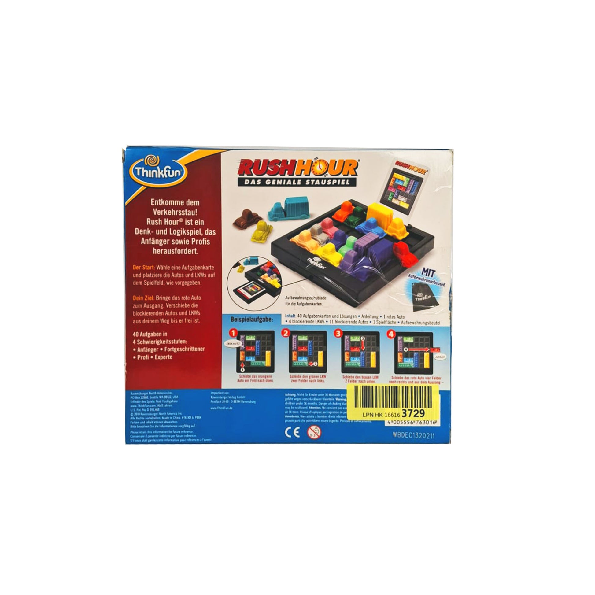 ThinkFun 76301 Rush Hour Logikspiel Rückseite des Originalkartons