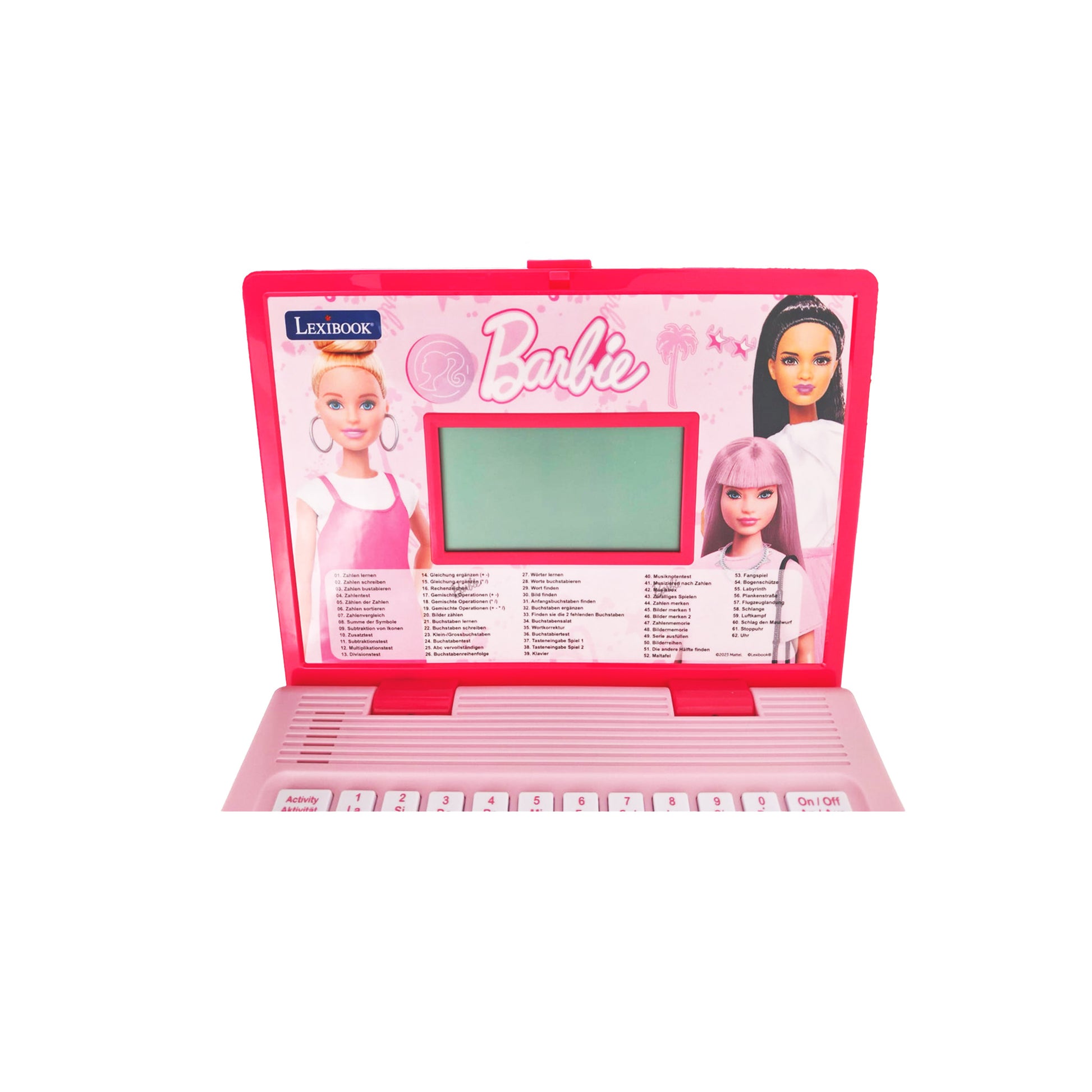 Geöffneter Barbie Kinder Laptop von Lexibook mit Display