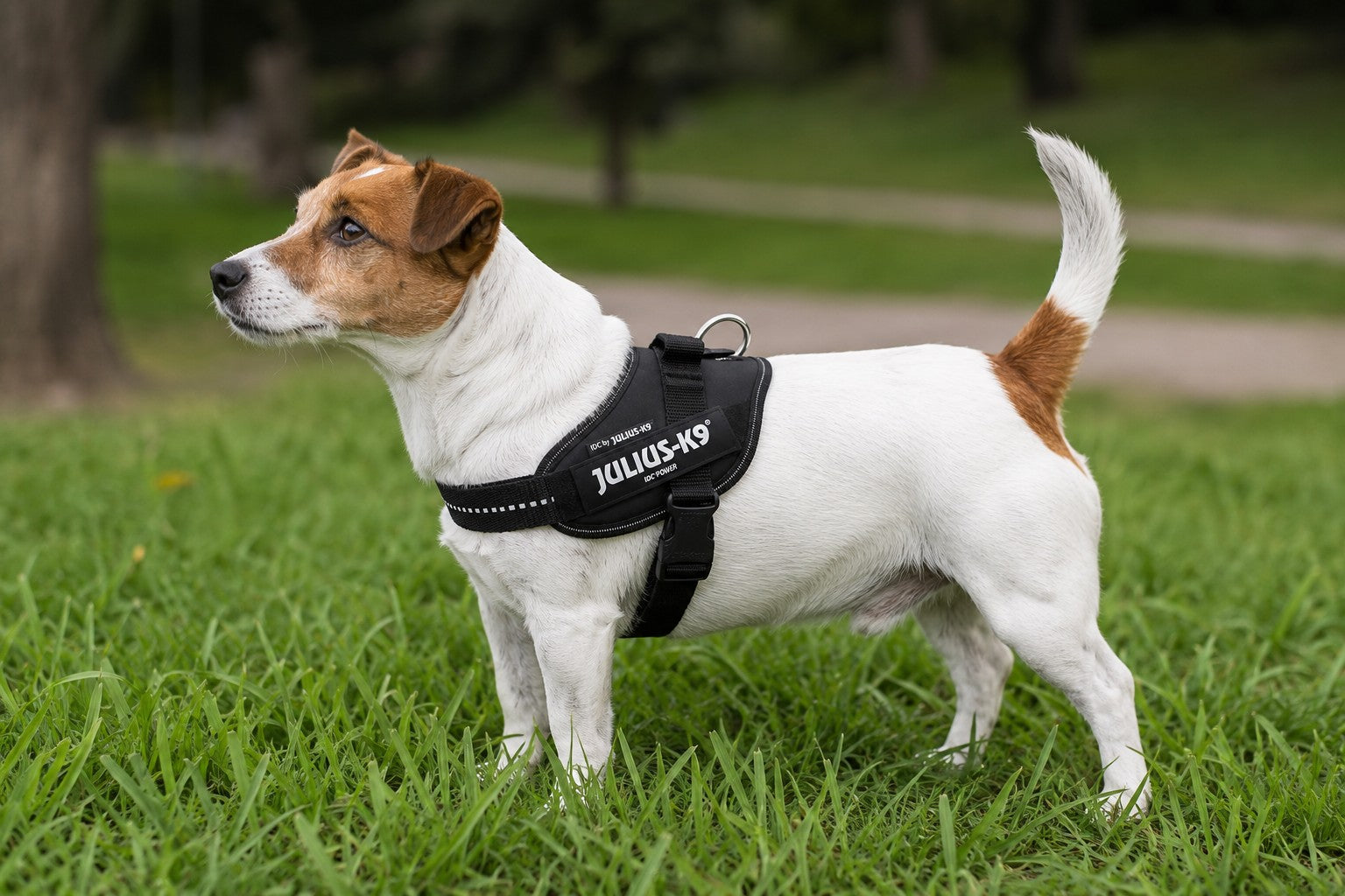 Hund trägt Julius K9 IDC Powergeschirr Schwarz