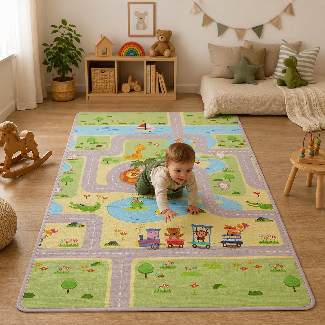 Kind krabbelt auf Spielteppich
